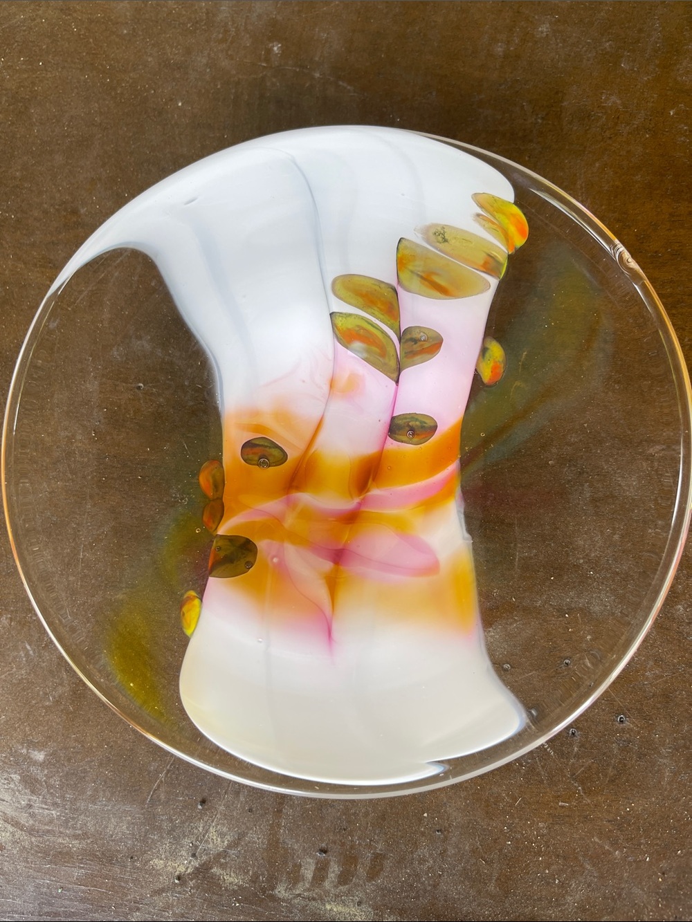 Handcrafted White Glass Art Bowl with Pink and Orange Accents